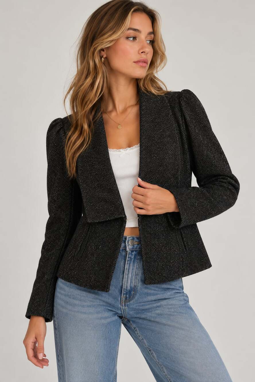 Free People Herringbone Tweed Puff Sleeve Blazer Jacket Size 12